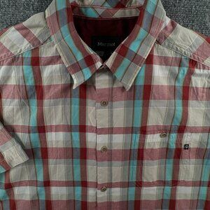 Marmot Short Sleeve Large Red Plaid Button Up Shirt Hiking Outdoors Wicking